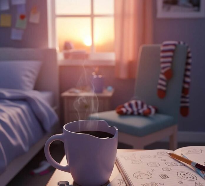 Chipped Mug & Sunrise: Cozy Morning Vibe with Doodles Chipped Mug & Sunrise: Cozy Morning Vibe with Doodles