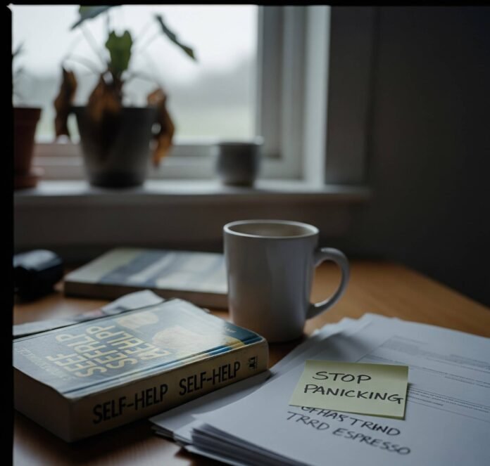 Cluttered Desk & Coffee: "STOP PANICKING" Post-it Amidst Chaos Cluttered Desk & Coffee: "STOP PANICKING" Post-it Amidst Chaos