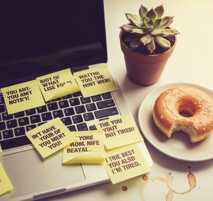 Exhausted Productivity: Sticky Notes, Donut & Succulent Laptop Mess Exhausted Productivity: Sticky Notes, Donut & Succulent Laptop Mess