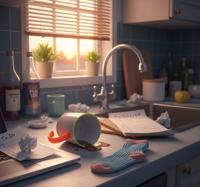 Morning Chaos: Cluttered Kitchen Counter with Coffee & Laptop Morning Chaos: Cluttered Kitchen Counter with Coffee & Laptop