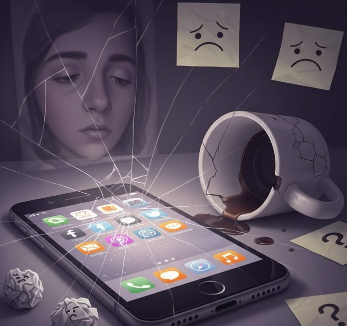 Digital Overload: Cracked Phone, Spilled Coffee, Tired Reflection Digital Overload: Cracked Phone, Spilled Coffee, Tired Reflection