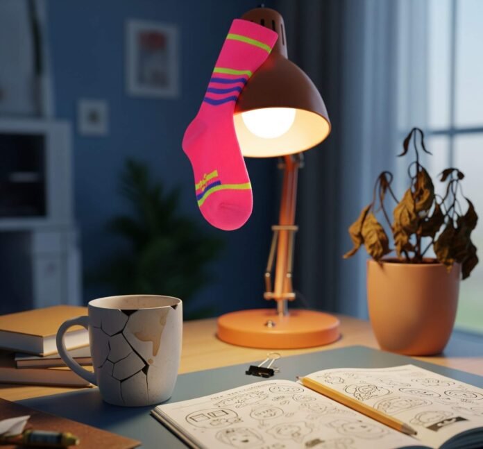 Cozy Chaos: Messy Desk, Coffee, & Pink Sock Cozy Chaos: Messy Desk, Coffee, & Pink Sock