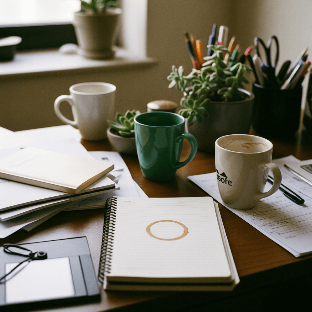 Brooklyn desk chaos: coffee, papers, sad succulent