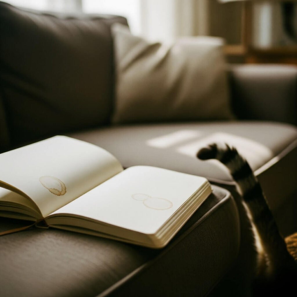 Coffee-Stained Journal & Cat Tail: Candid Cozy Aesthetic