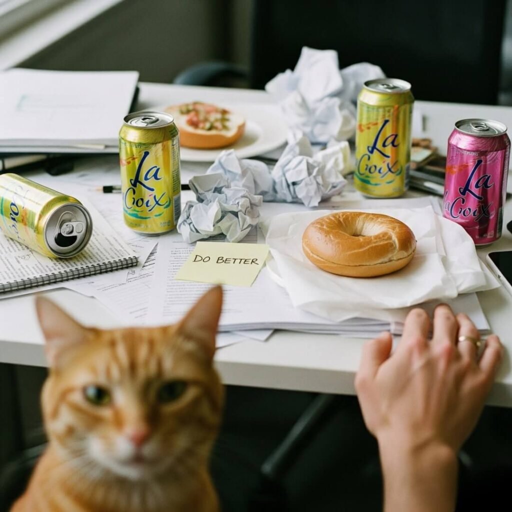 Humorous Desk Chaos: Cat Judgment & Motivation Struggles
