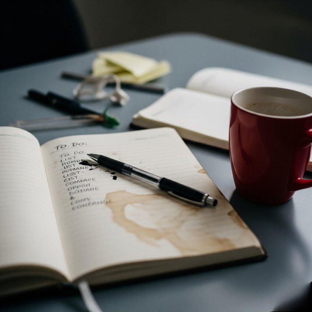 Desk Chaos: Coffee, Lists, & Ink