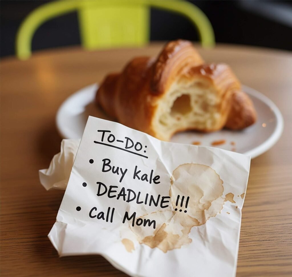 Coffee-Stained Napkin To-Do List - "DEADLINE!!!" & Croissant Scene