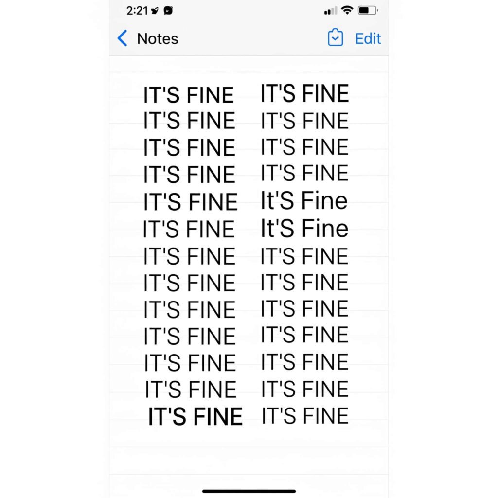 Notes App "IT'S FINE" Repeated: Anxious Affirmations
