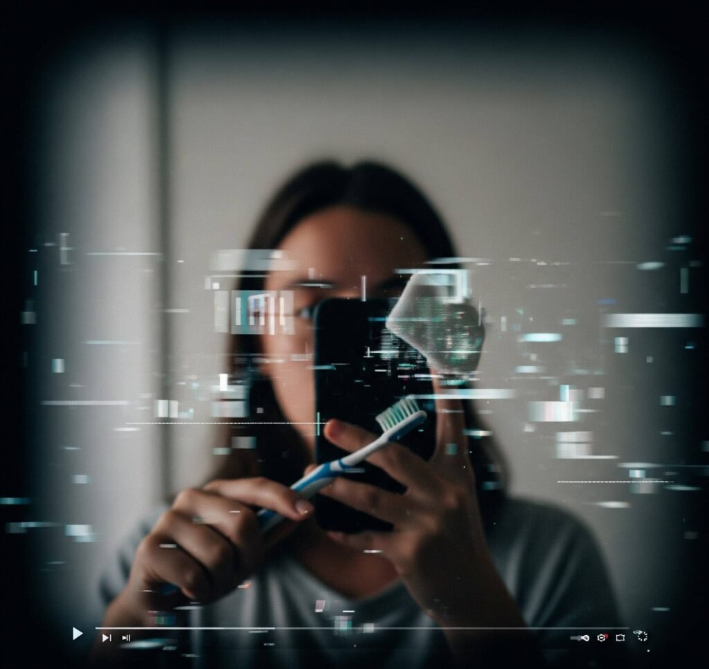 Multitasking Morning: Blurry Video Call & Toothbrush Reflection
