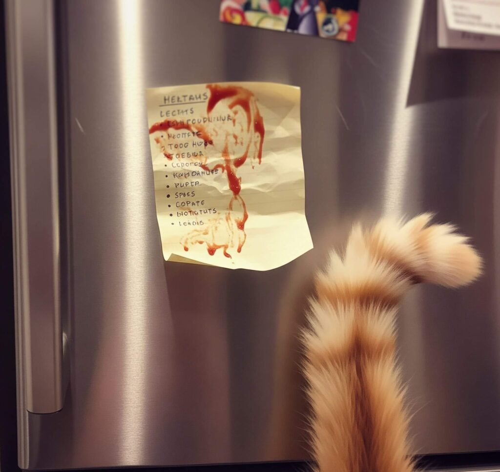 Ketchup Sticky Note & Cat Tail - Fridge Chaos
