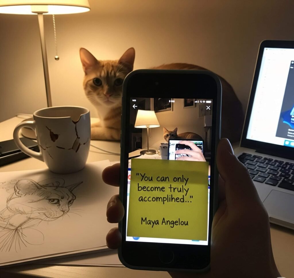 Late Night Desk: Cat, Coffee & Maya Angelou Inspiration