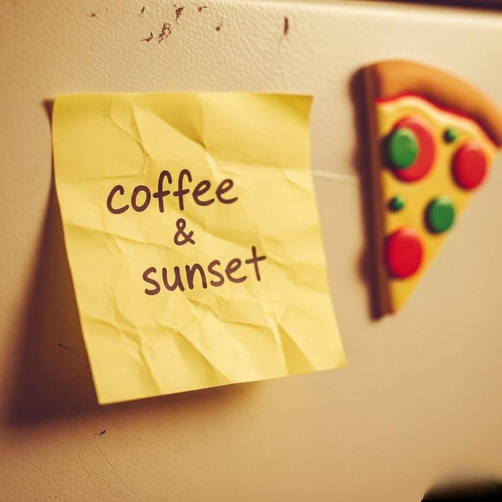 Vintage Fridge Notes: Coffee, Sunset & Pizza Slice Magnet