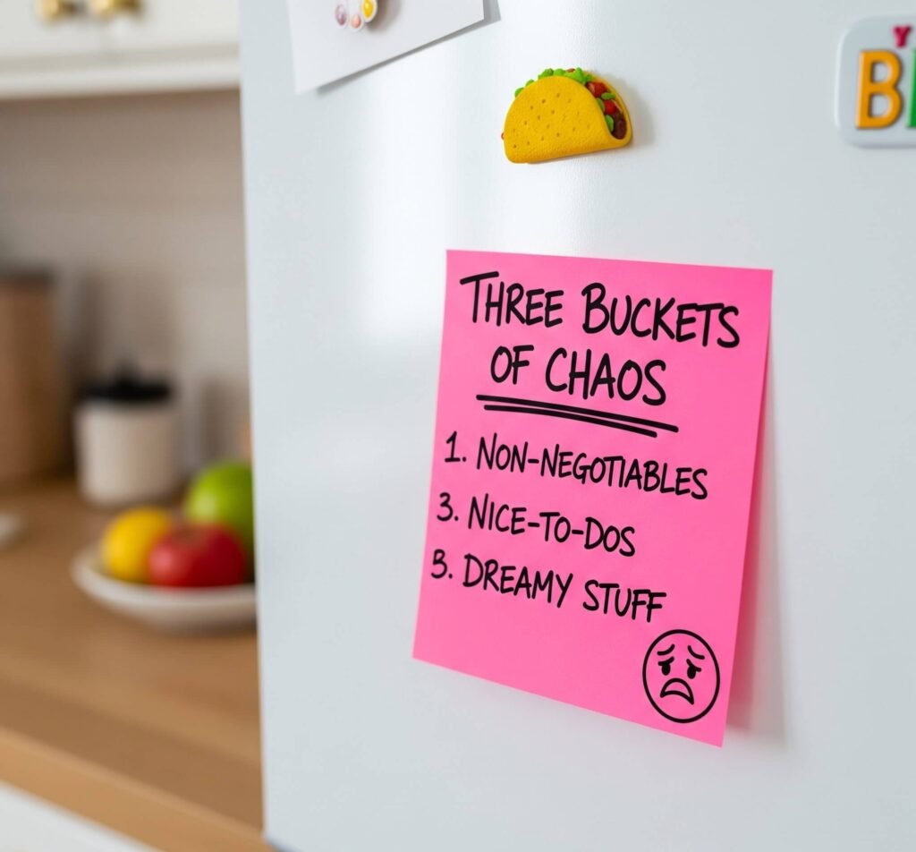 Neon Pink Sticky Note - "Three Buckets of Chaos" List