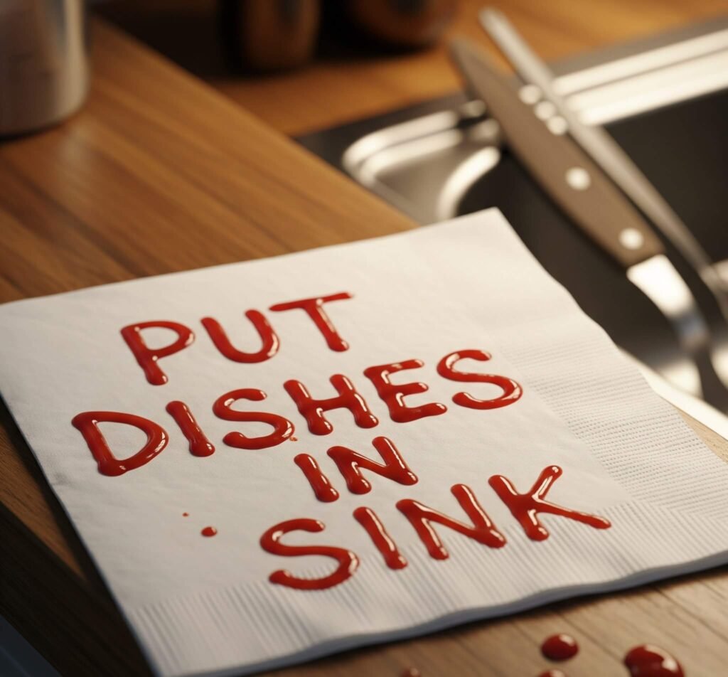 Ketchup Napkin Note: "Put Dishes in Sink" Reminder