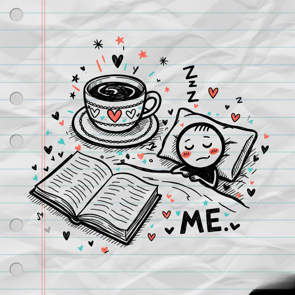 Nap doodle, coffee, book
