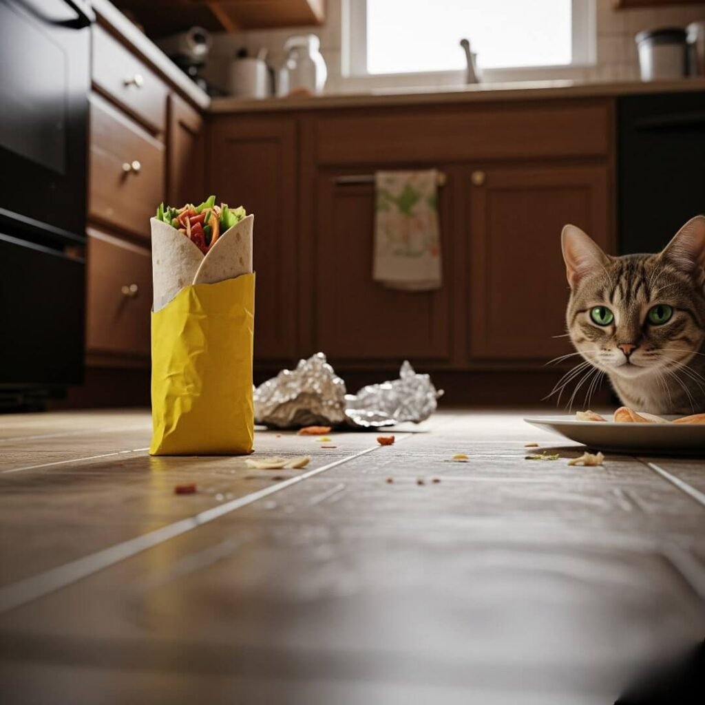 Judgmental Cat, Burrito Mess: Kitchen Floor Chaos