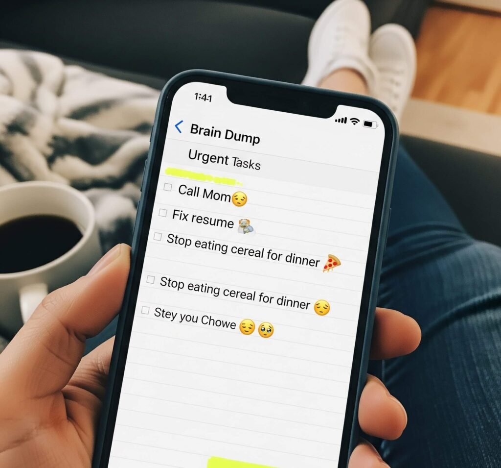 Phone "Brain Dump" Notes App - Chaotic To-Do List on Screen
