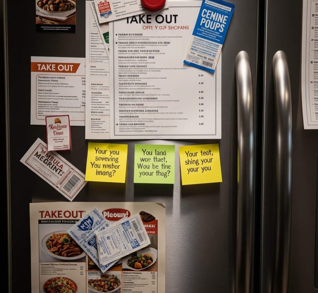 Motivational Sticky Notes on Messy Fridge: Takeout & Coupons