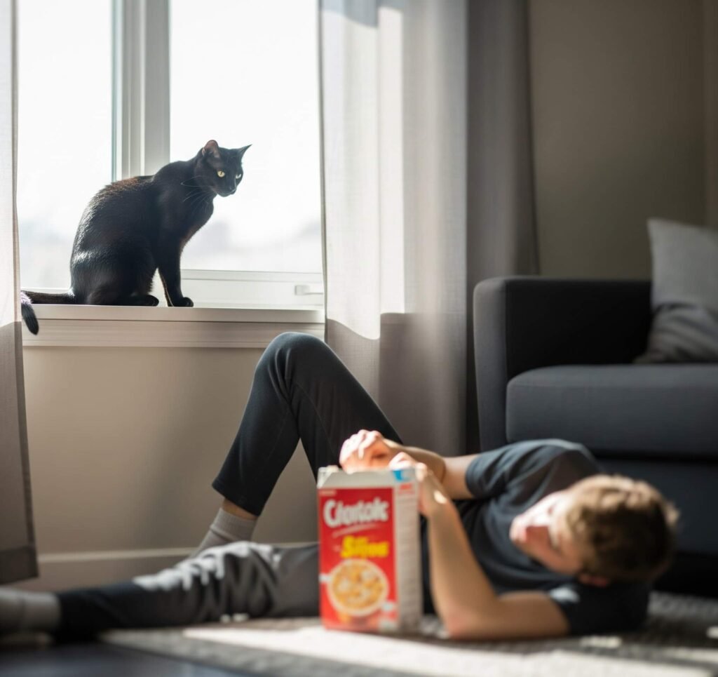 Cat Judgment: Blurry Pic of Cereal and Floor Sprawl