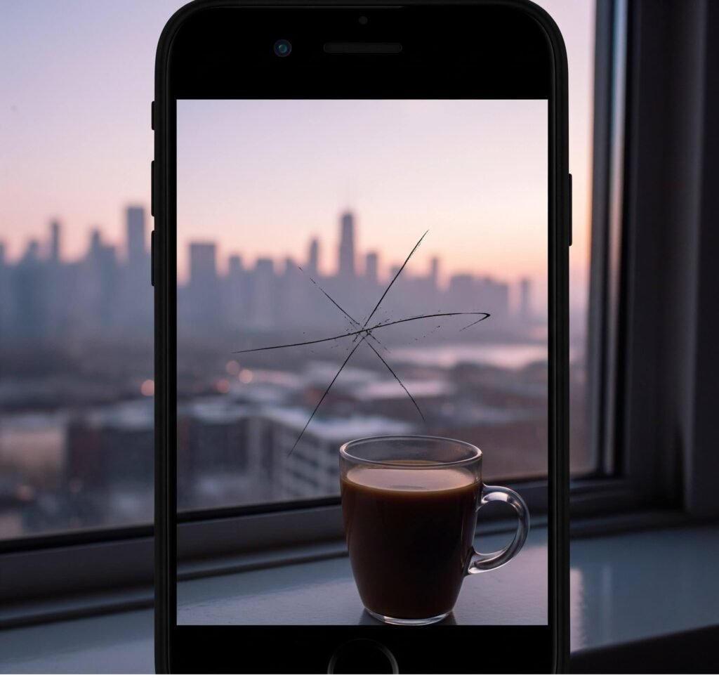 Dawn Chicago: Blurry Coffee, Skyline & Lens Smudge