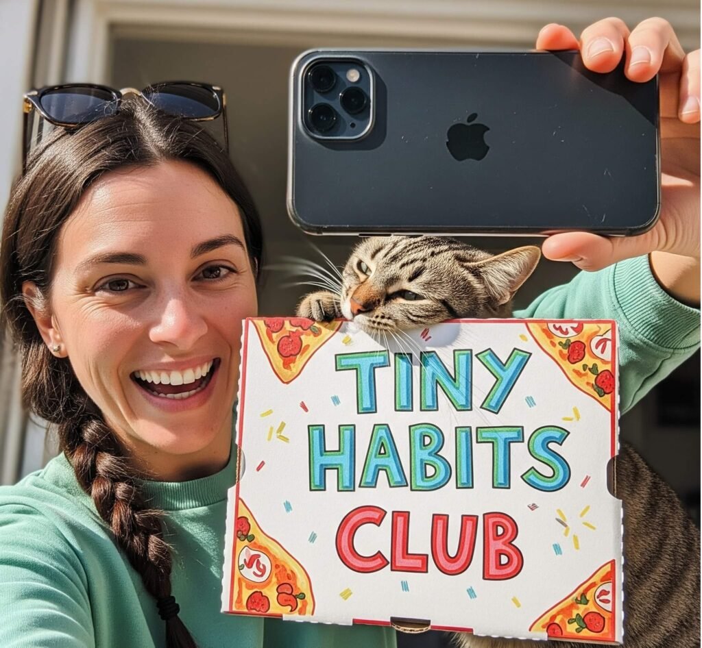 "Tiny Habits Club" Pizza Box Selfie with Cat