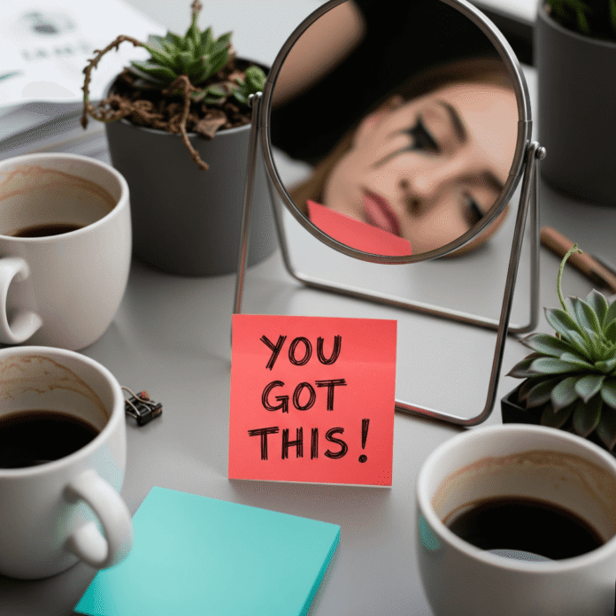 Desk clutter, tired face, "You Got This!" sticky note