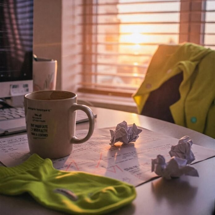 Cluttered Desk Sunrise: Coffee, Socks, & Hope
