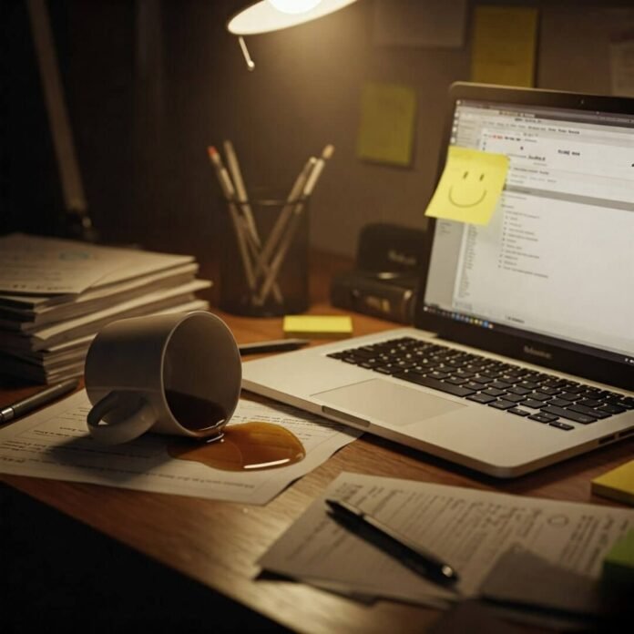 Cluttered Desk Chaos: Coffee Spill & To-Do List