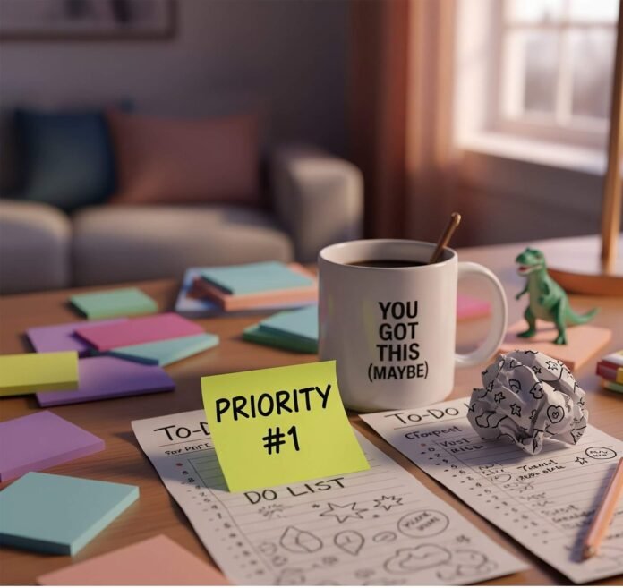 Cluttered Desk & Neon "PRIORITY #1" - Cozy Boston Apartment Scene Cluttered Desk & Neon "PRIORITY #1" - Cozy Boston Apartment Scene