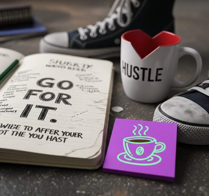 Beat-Up Notebook, Hustle Mug & Sneakers - Chaotic Workspace Vibes Beat-Up Notebook, Hustle Mug & Sneakers - Chaotic Workspace Vibes