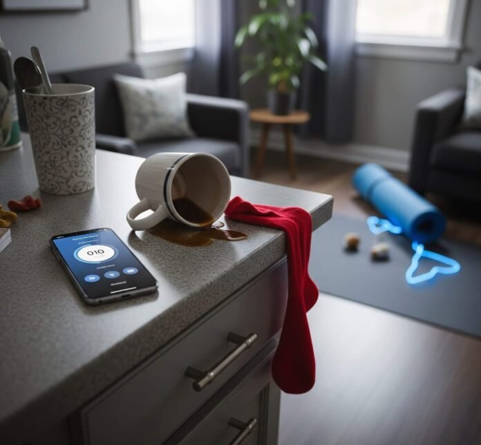 Busy Morning Chaos: Kitchen Counter, Coffee & Yoga Mat
