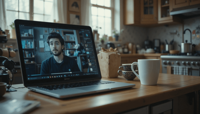 laptop vid play, mug block; kitchen hype clutter.